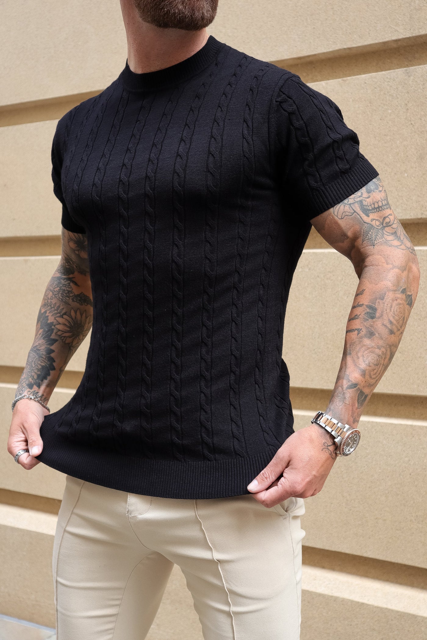 THE CABLE SHORT SLEEVE T-SHIRT - BLACK